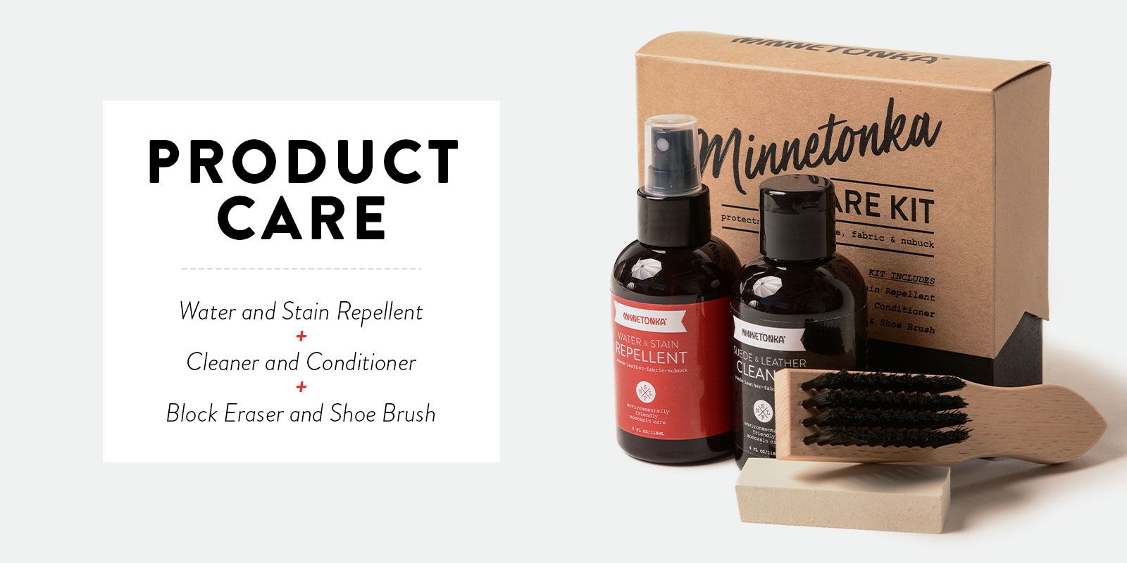 Product Care Kit includes water & stain repellent, cleaner & conditioner, block eraser & shoe brush