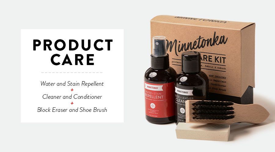 Product Care Kit includes water & stain repellent, cleaner & conditioner, block eraser & shoe brush